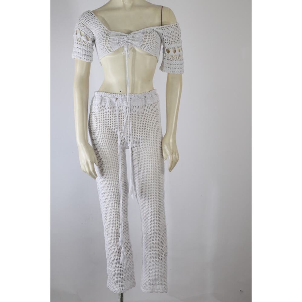 Andi Bagus Crochet Set Top Pants Open Knit Beach Cover Up Ivory White Size S/M